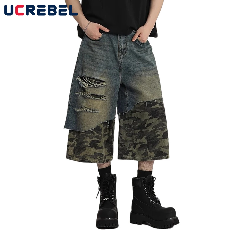 

Camouflage Spliced Denim Shorts Mens Ripped High Street Summer Washed Distressed Short Pants Men