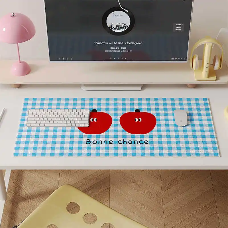 Macaron Check Pattern Girl Large Mouse Pad Leather Waterproof and Oilproof Computer Office Study Table Mat Gaming Keyboard Pad