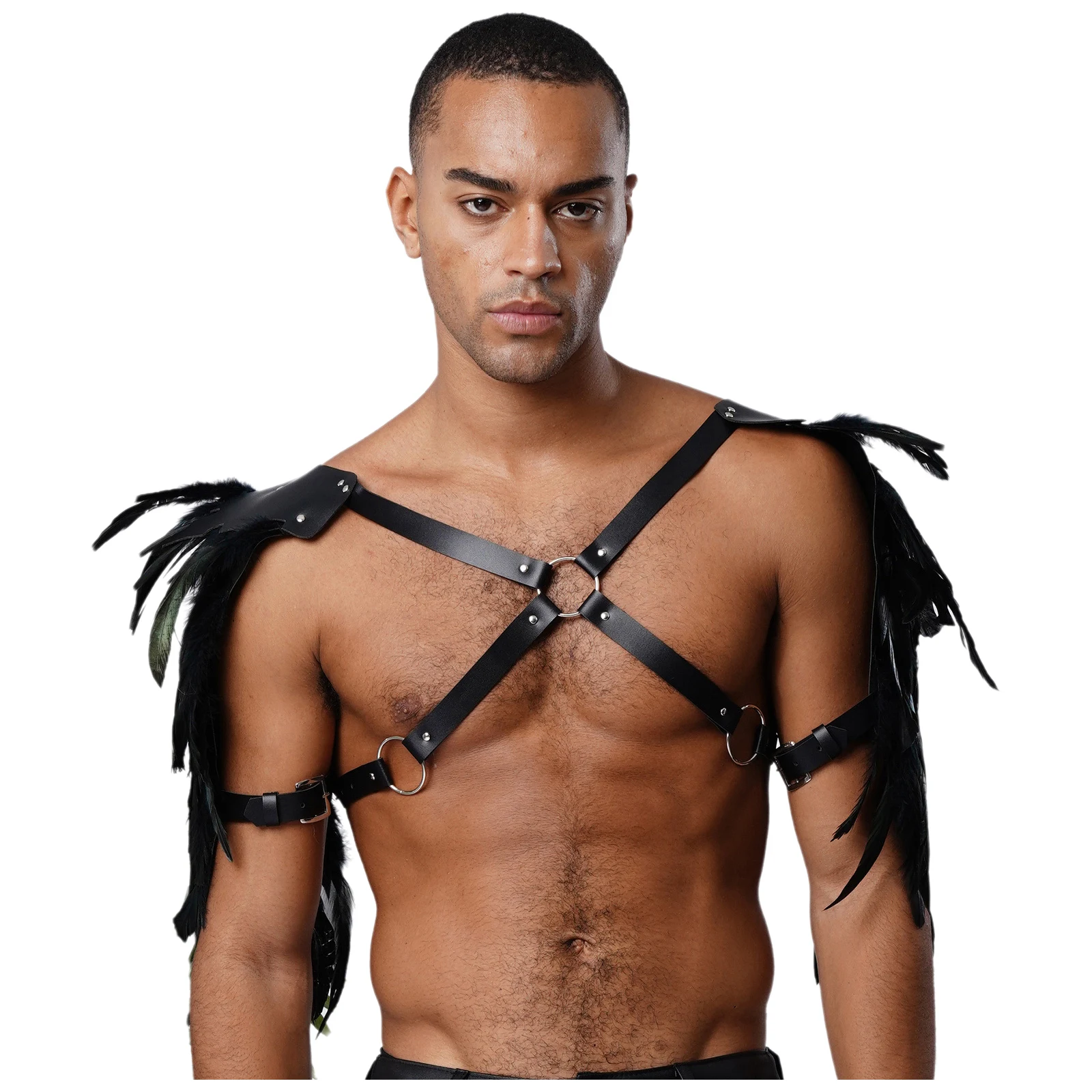 Męska Gotycka Punkowa Płaszczka na Ramię z Piórami, Paski, Nity, O-ringi, Łączona Uprząż na Klatkę Piersiową, Narzutka, Szal, Akcesorium na Halloween, Imprezę Cosplay