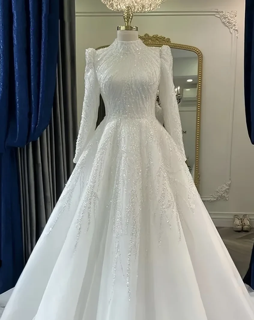 

Flavinke Customized Beaded Muslim Wedding Dresses 2025 Bride Long Sleeve Islamic Bridal Gowns High Neck Arabic Vestidos De Novia