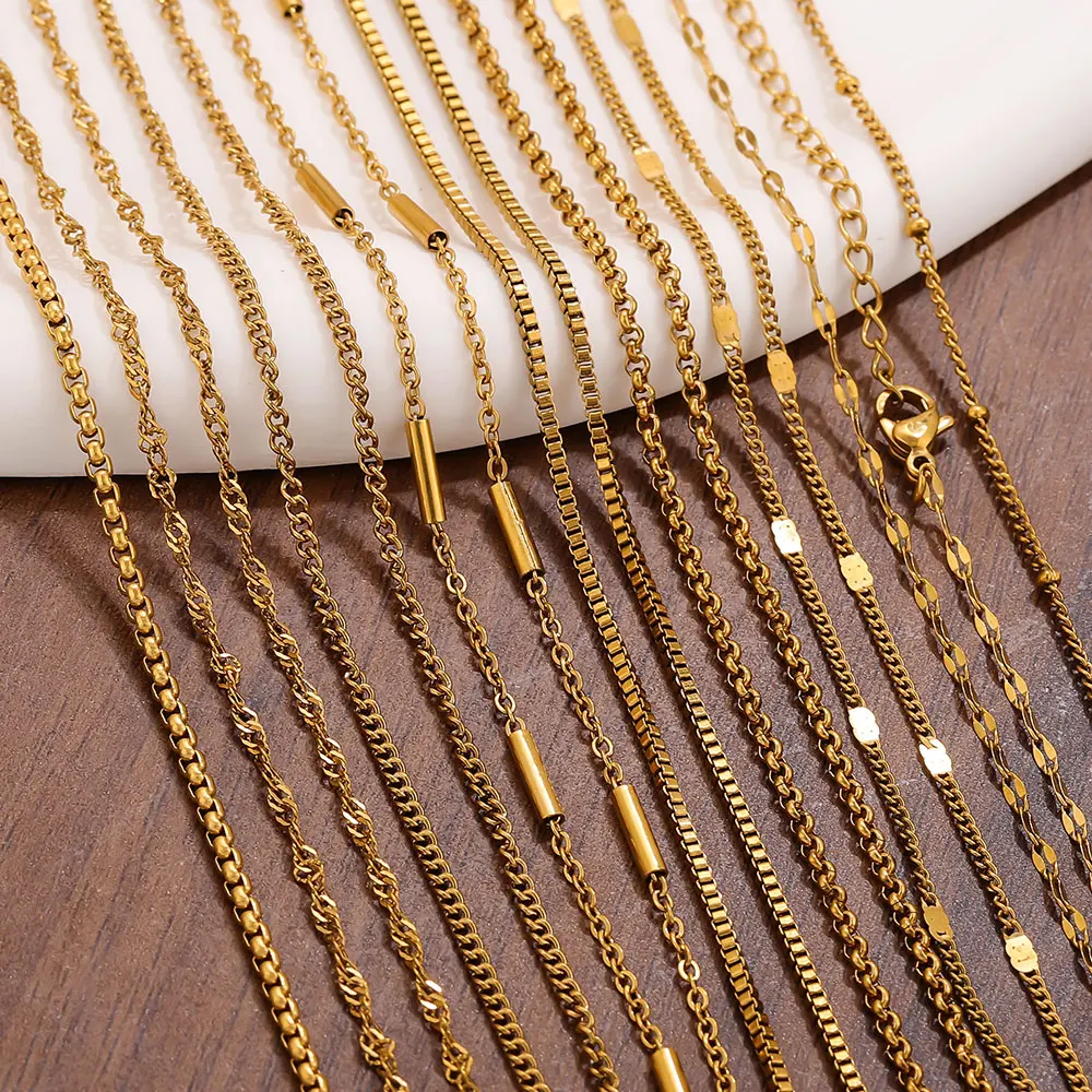 5PCS Stainless Steel Link Cable Neck Chain Thin Necklace for Women Gold-plated 45+5cm Cuban Bead Corrugated Adjustable Chain