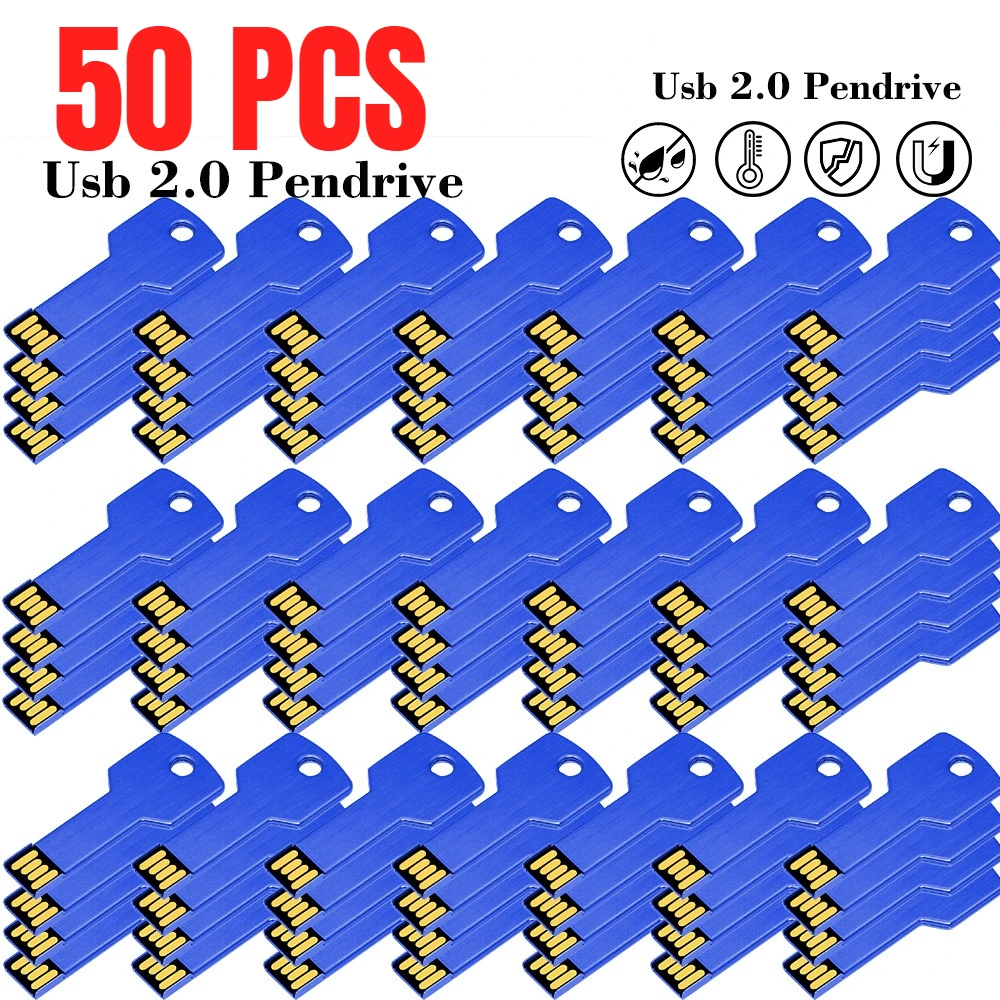 50Pcs Personalized Logo USB 2.0 Key Shape Metal Memory U Stick 4GB 8GB Usb Pen Drive 32GB 16GB Usb Flash Drive Business Gift 1GB