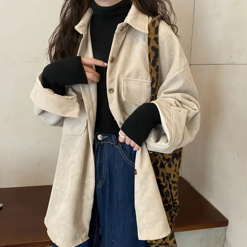 

Corduroy Coat For Women 2023 Autumn Winter All New Vintage Hong Kong Flavor in the Long Blouse Blouse For Women Coat Solid Color