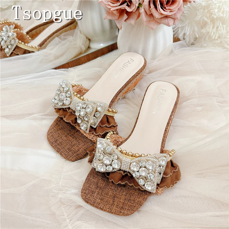 Women Sparkling Rhinestone Bow Ruffle Mules Straw Woven Platform Wedge Slides Holiday Beach Daily Wear Summer Casual Slippers
