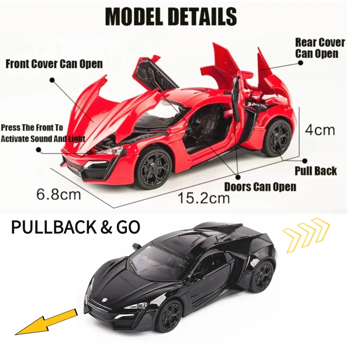 1:32 Lykan Hypersport Pullback Car Toy with Lights Engine Sound, Scale Diecast Car Model Miniature Replica Kid Boy Play Gift