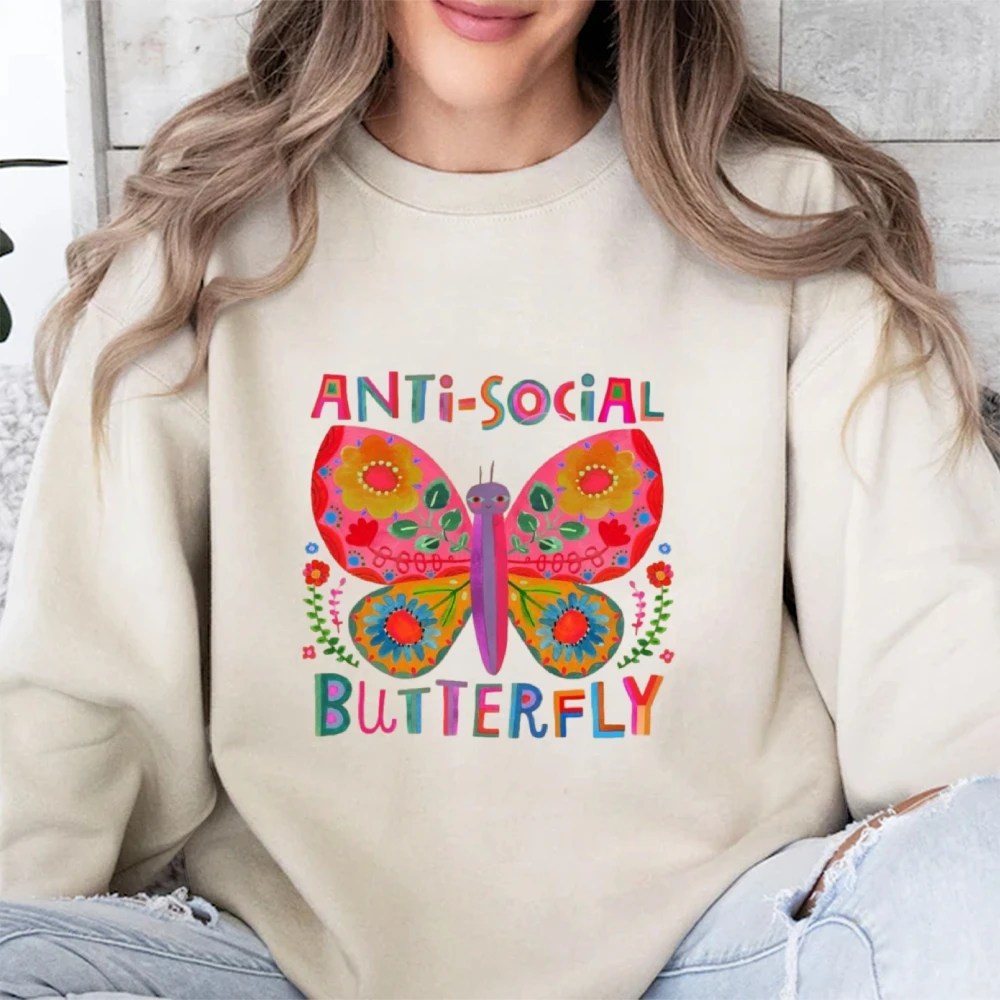 Anti-Social Butterfly Women's Long Sleeve Shirt Bold Fashion Butterfly Lover Art Aesthetic Sweatshirt Streetwear Parties Friends