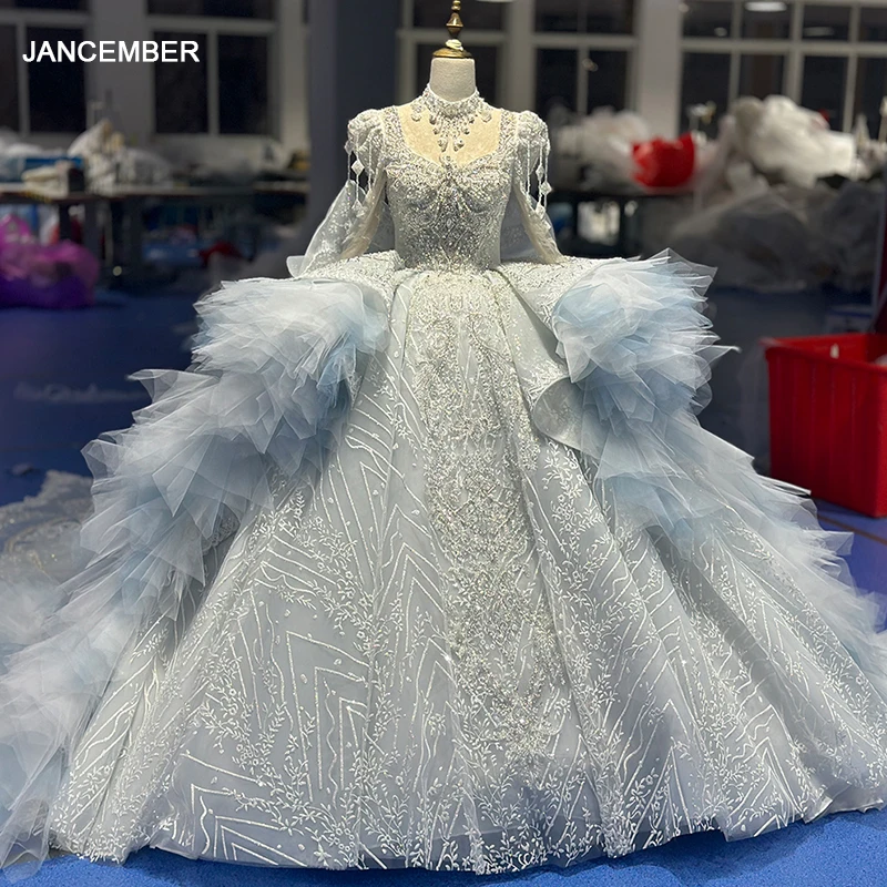 Jancember Brand New Surprise Price Wedding Dresses For Women Square Collar Full Sleeves Beading Bow Lace Robe De Mariée XS025