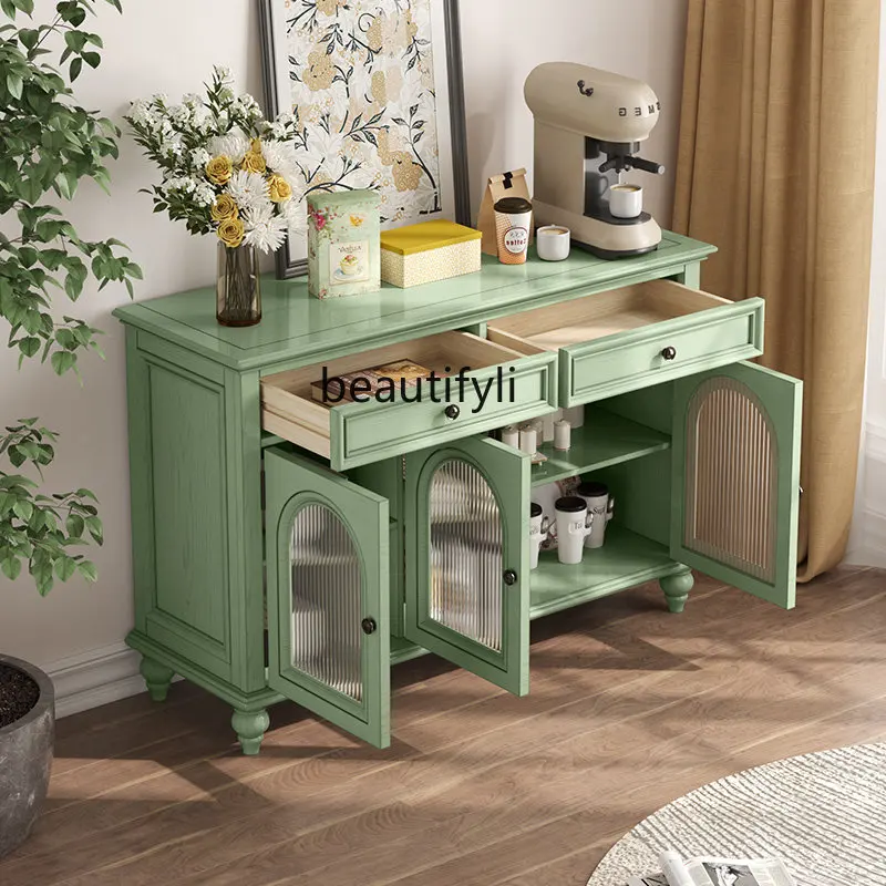 zq American-Style Solid Wood Arch Retro Green Sideboard Cabinet French Wine Cabinet Living Room Retro Porch Locker