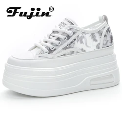 Fujin 8cm Air Mesh piattaforma in pelle sintetica Wedge High Brand Flats Summer Hollow comodo traspirante Chunky Sneaker scarpe Casual