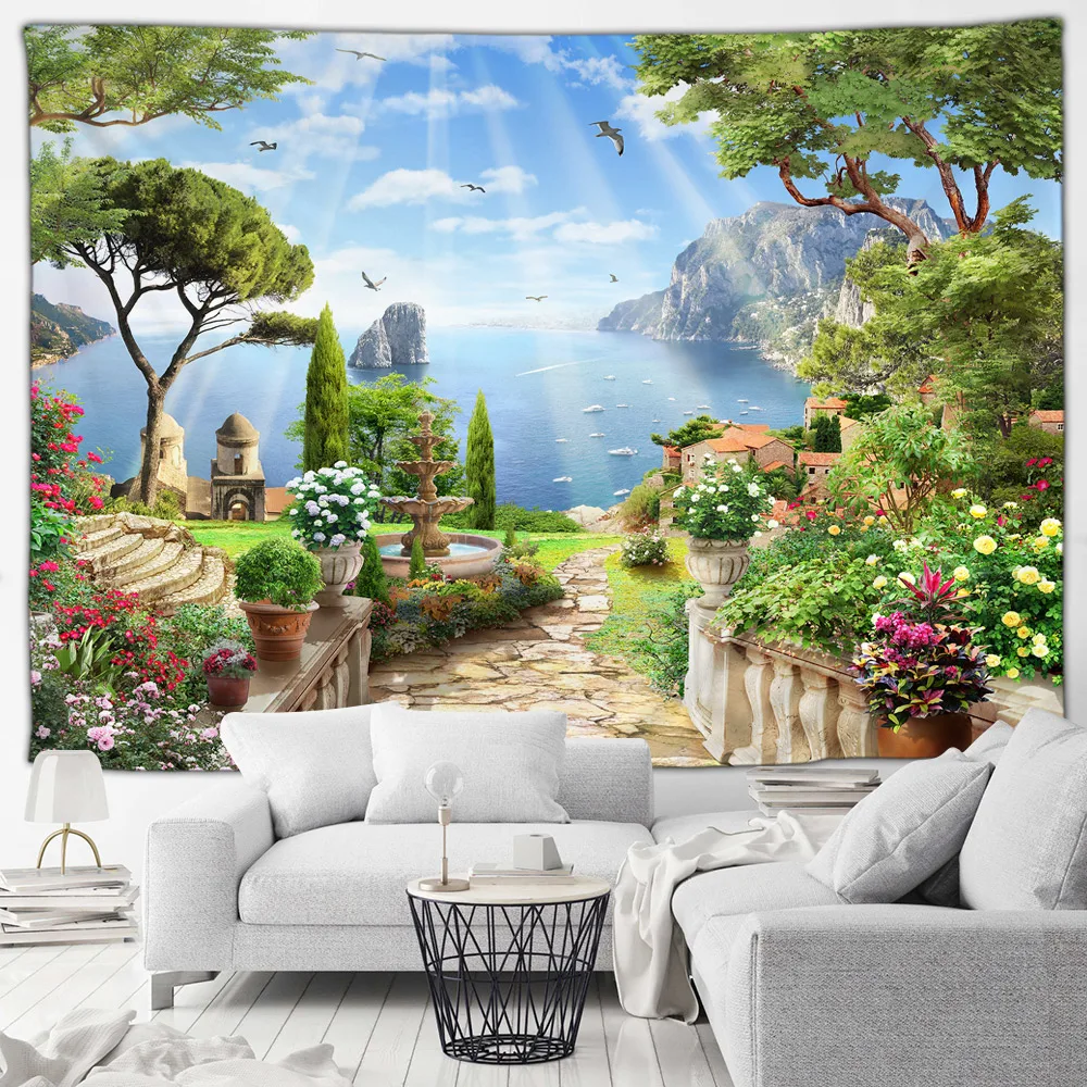 Mediterranean Landscape Tapestry Blue Ocean White Architecture Seaside Towns Flowers Scenery Wall Hanging Home Living Room Decor