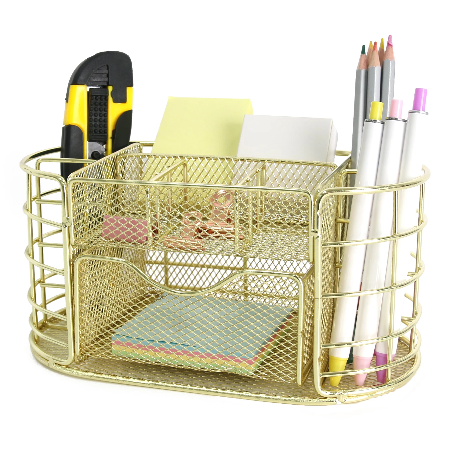 Juego de organizador de escritorio dorado, portalápices de Metal grande con accesorios, vaso para brochas de maquillaje de acero inoxidable duradero, oficina multiusos