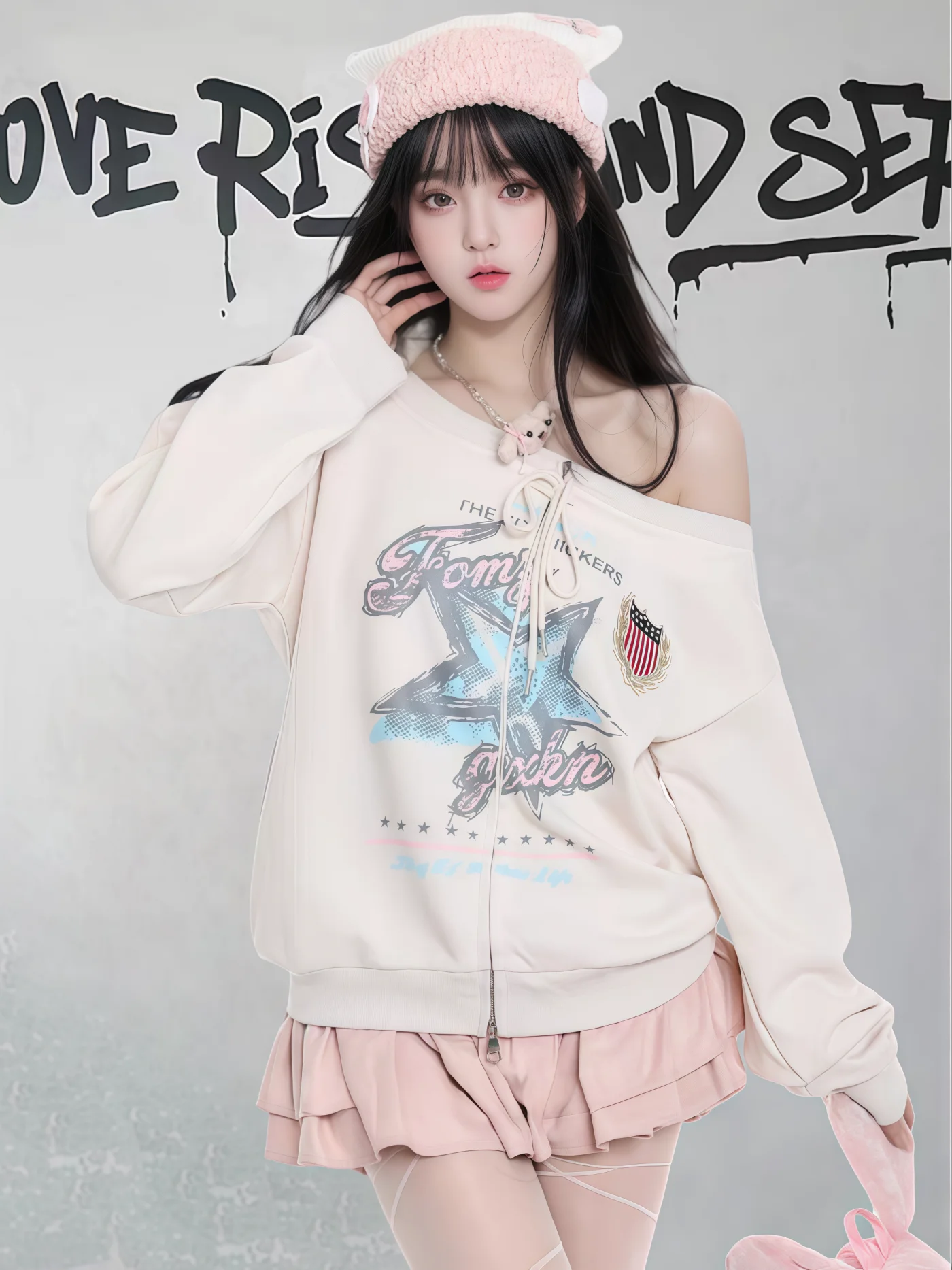 American Preppy Style Retro Star Print Off-Shoulder Long Sleeve Sweatshirt Lazy Loose Casual Lace-up Zipper Jacket Women Autumn