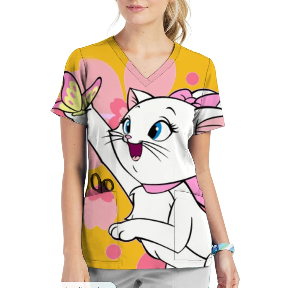 Disney Mary Cat Print Nurse Medical Operating Room Doctor Nursing Uniform Pet Hospital Clothing Tops Scrubs Short-sleeved Top