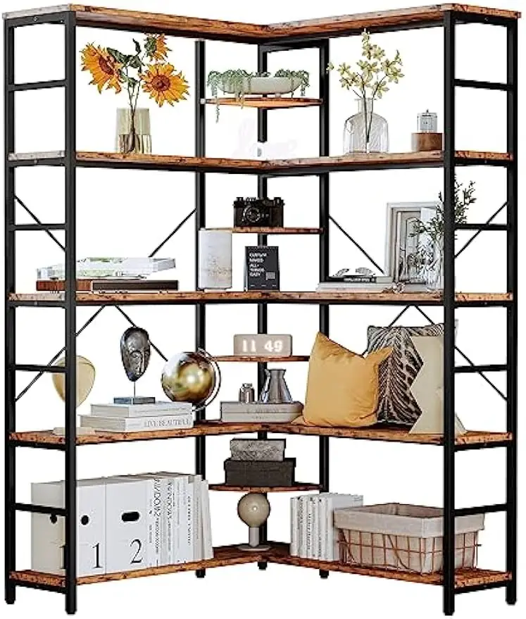 IRONCK Industrial Bookcases and Bookshelves, 5-Tiers Corner Bookcase with Curved Panels, L Shaped Shelf with Metal Frame