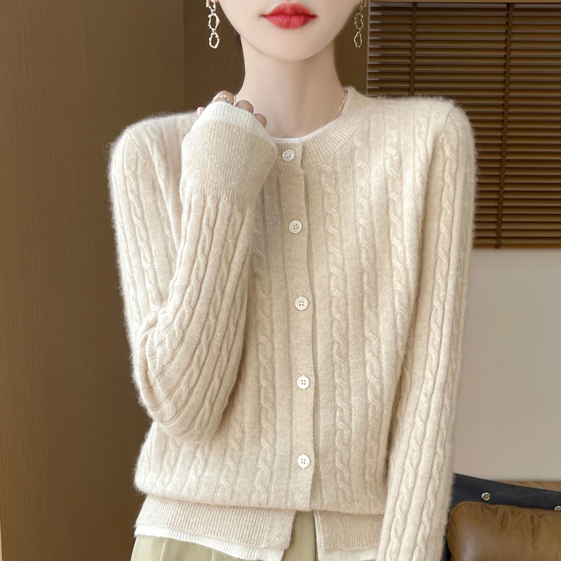 Autumn/Winter new women's sweater 100% Merino wool round neck Cardigan fashion fake two twisted floral base knit shirt