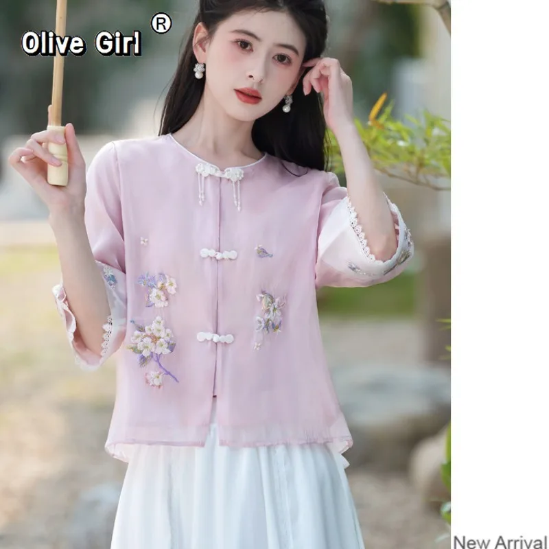 Olivegirl Chinese Style Embroidered Button Chiffon Top for 2026 Summer Tea and Improved Hanfu Skirt Two-piece Set for Women