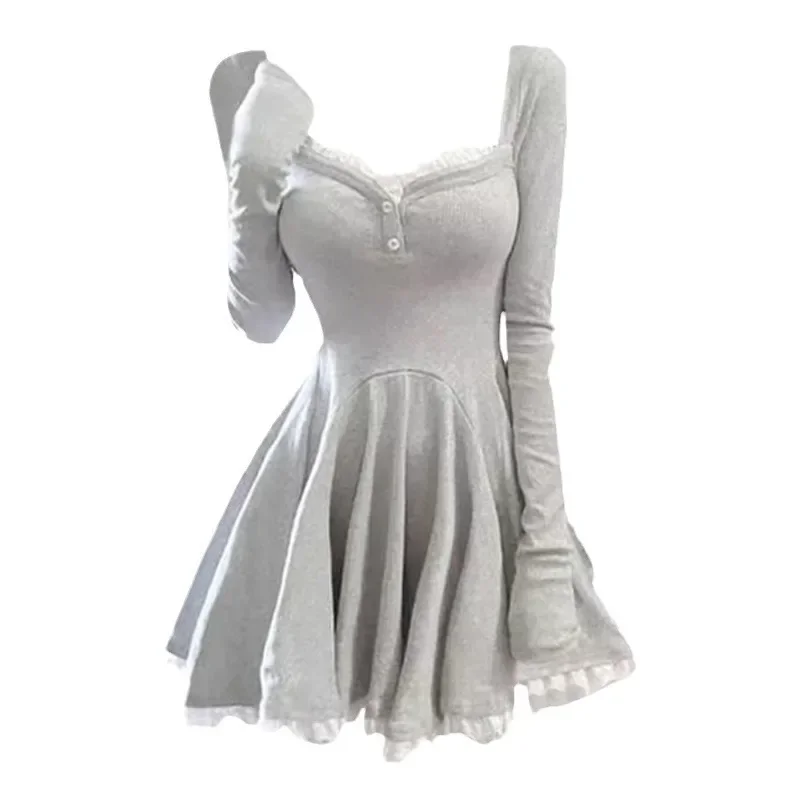 Jupe tutu plissée A-Line en dentelle de style français, robe coréenne sexy, taille fermée, manches longues, clavicule Résolution, douce, 2024