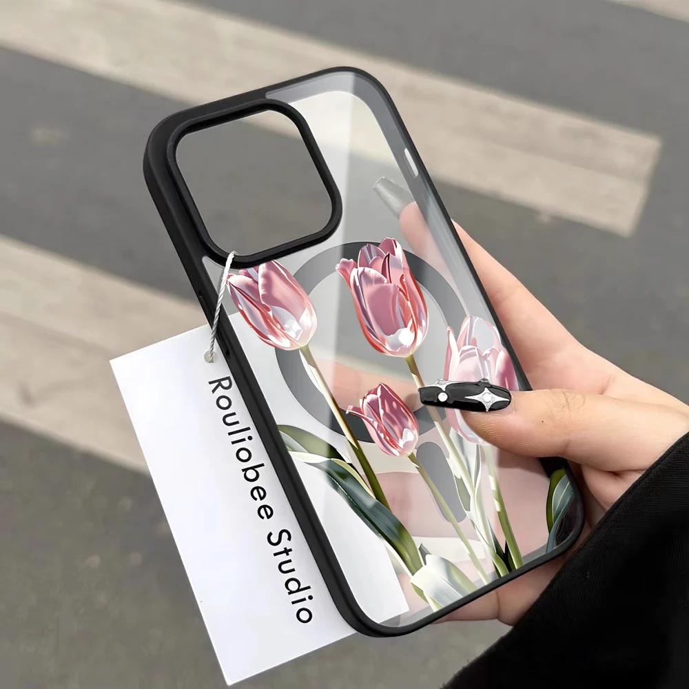 Tulpenblumen-Klarsichthülle für Magsafe iPhone 15 16 Pro Max 17 16 15 14 11 13 12 Pro Max Plus Hüllen Magnetisches Kabelloses Laden Coque – Detail 6