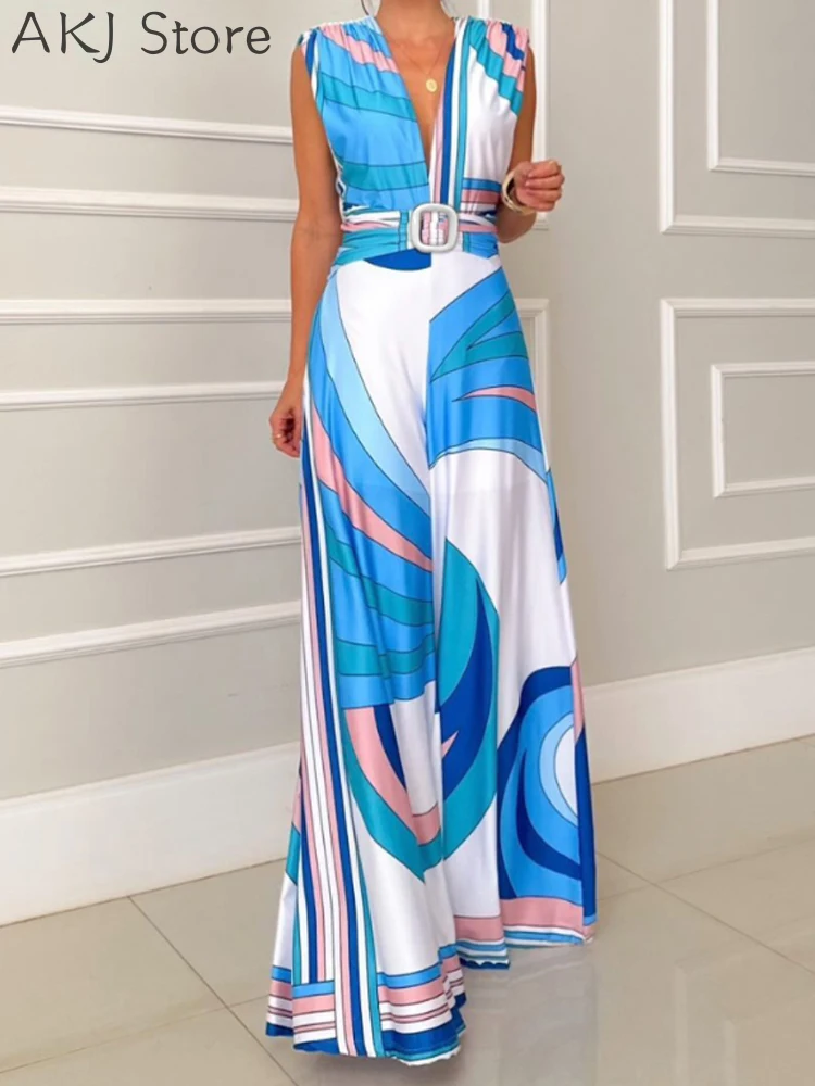 

Colorblock Print Deep V Neck Sleeveless Overalls Casual Backless Tied Detail Jumpsuit With Belt