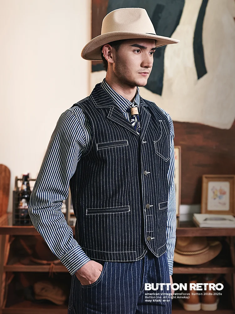

American Retro Hunting Vest Heavyweight Striped Suit Collar Cuban Collar Men's Denim Workwear Fashion Urban Style Autumn Thic...