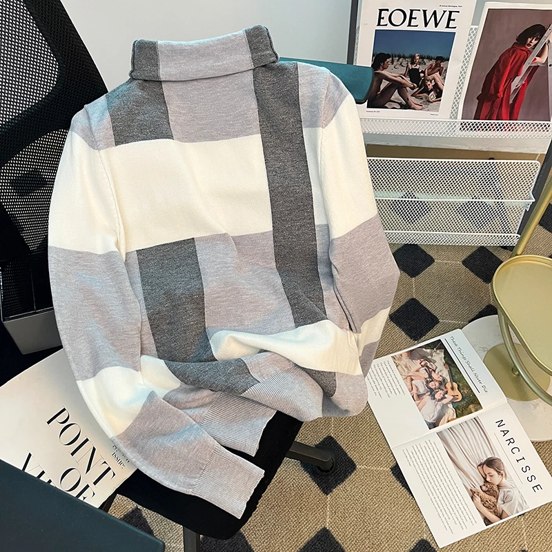 

Women's Knitted Sweater Autumn New High Collar Striped Chess Board Color Collision Base Shirt Lazy Style Long Sleeve Loose Fit