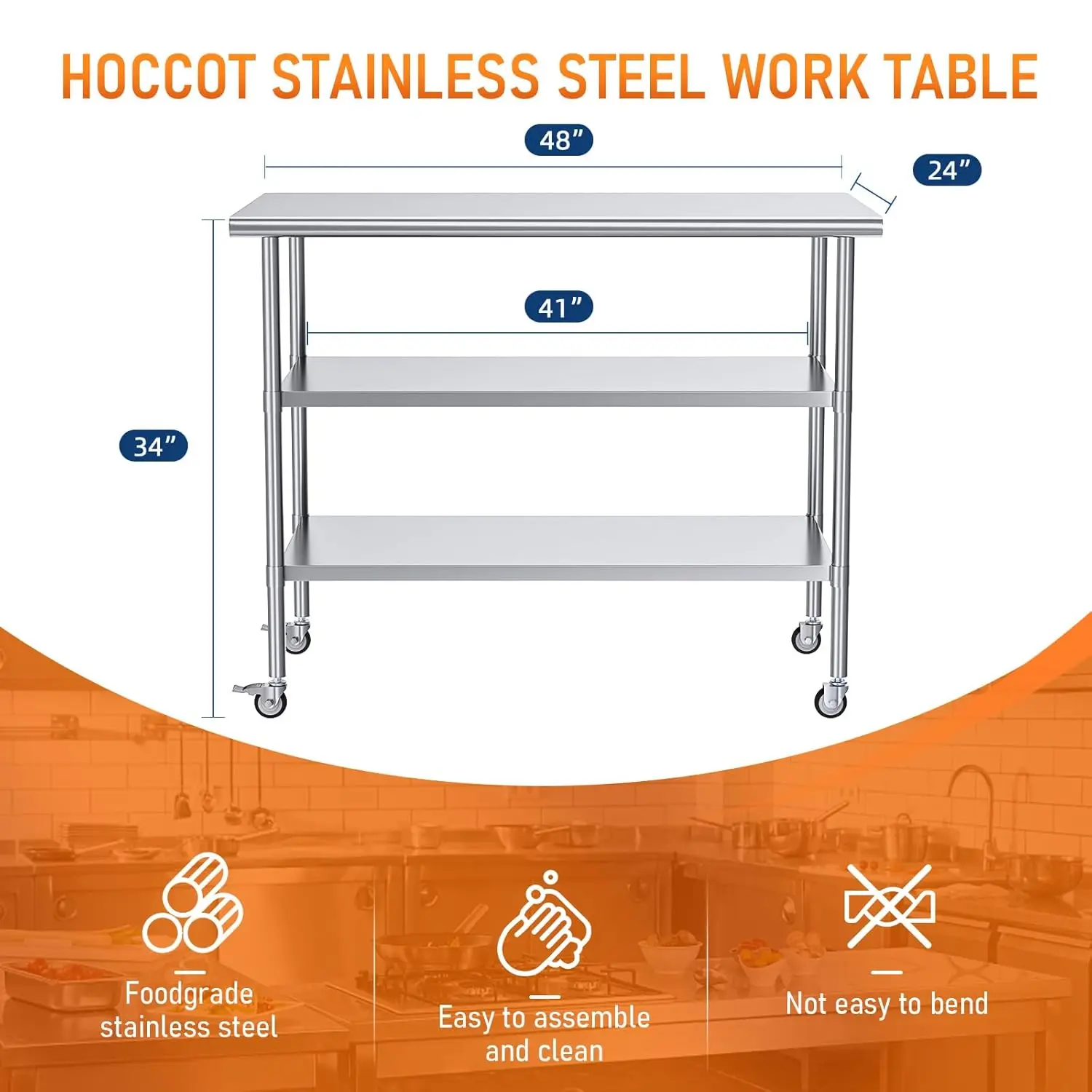 Stainless Steel Prep & Work Table with 2 Adjustable Shelves, with Wheels,  Commercial Workstations, Utility Table