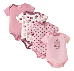 4PCS Newborn Infant Romper Short Sleeve Round Neck Cartoon Animal Flowers Print Bodysuit Onesies For Baby Boys And Girls Clothes