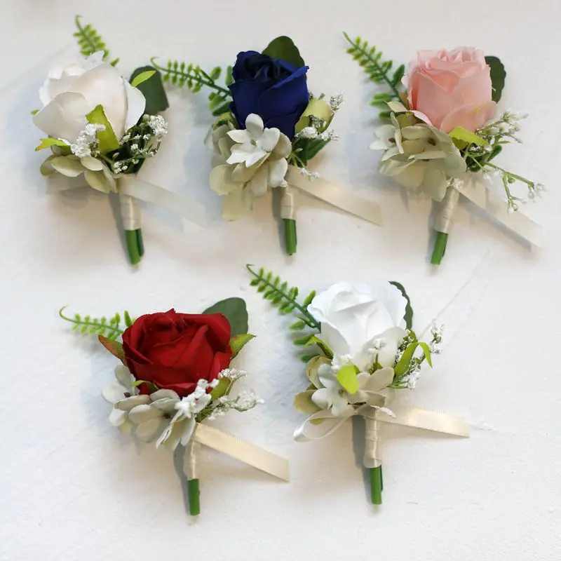 Groom Boutonniere Artificial Silk Brooch Pin Wrist Corsage Wedding Women Men Buttonhole Bracelet Bride Mariage Party Decoration