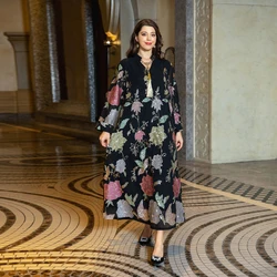 Muslim Fashion Floral Embroidery Sequins Casual Abaya Long Sleeve Notched V-Neck Tassel Dress Moroccan Dubai Women Robe