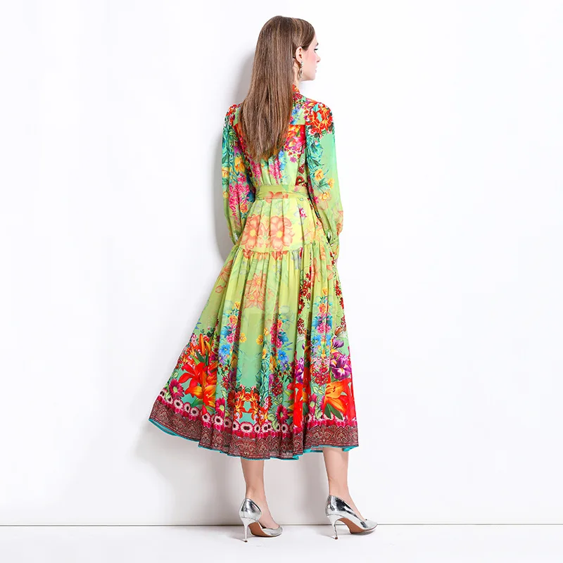 Grande robe trapèze imprimée pour femmes, manches lanternes, col montant, simple boutonnage, Design à lacets, robes longues Vintage, printemps 2025