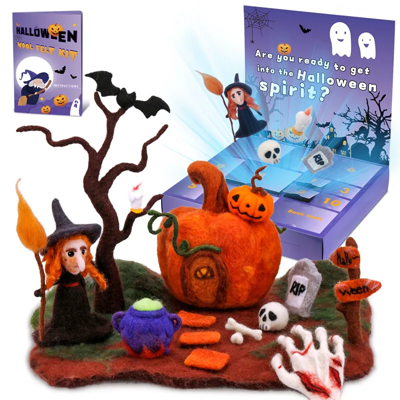 

Комплект шерстяных материалов для валяния с ведьмой, тыквой, шерстью, Roving, фетровыми иглами, инструкциями для украшения Хэллоуина, коллекция вечеринок