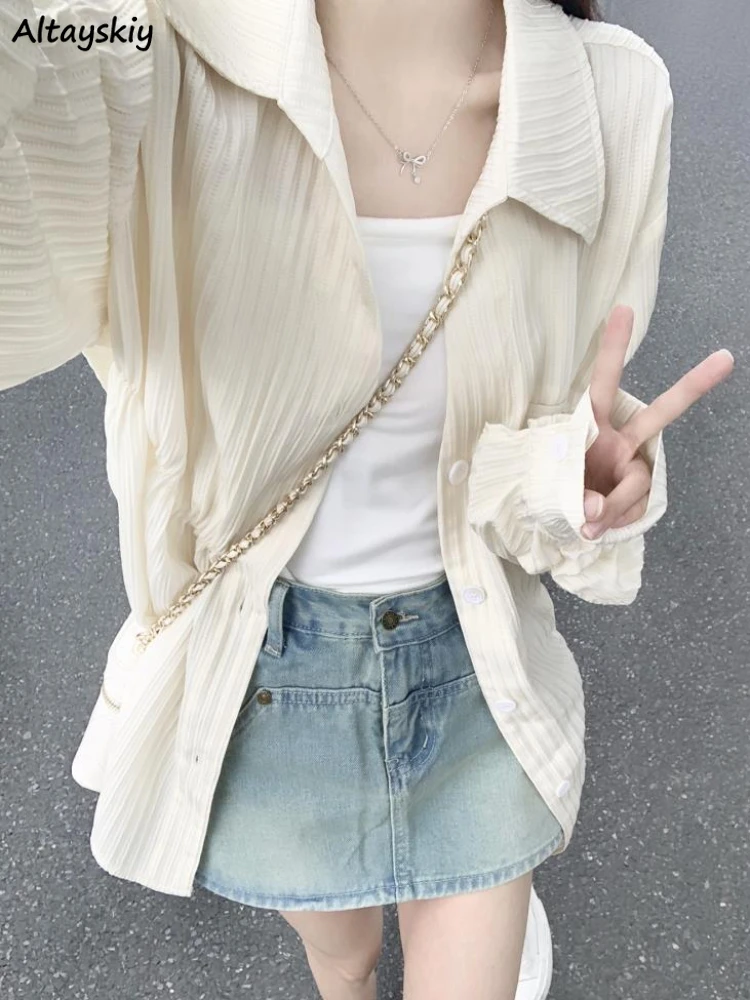 

Baggy Shirts Women Long Ulzzang Leisure Solid Harajuku Simple Sunscreen Lapel Designed Thin Breathable Camisas Streetwear Trendy