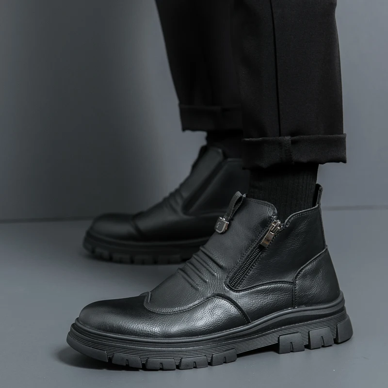 

Side zipper high-top riding boots 2025 new autumn and winter soft-soled men's street casual leather shoes trend