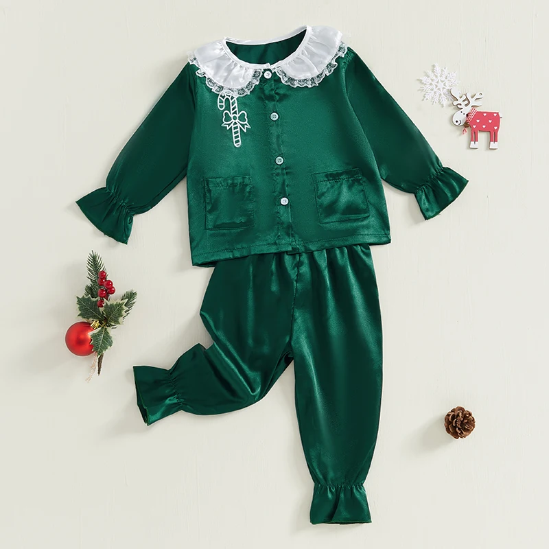 Kids Baby Girls Christmas Pajama Sets Princess Sleepwear  Long Sleeve Doll Collar Candy Cane Embroidery Shirt Pants 2Pieces Sets