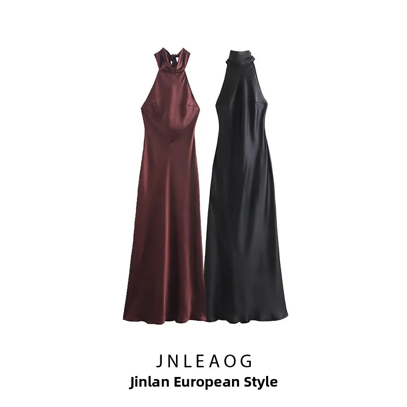 JNLEAOG Autumn New Women's Satin Feel Dr Hanging Ne Collar Gown Polyester Fiber H Version Casual Sle Single Piece