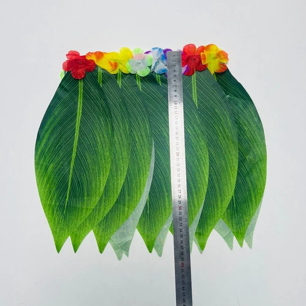 5Pcs Simulation Leaf Hawaiian Luau Outfit Set Hibiscus Wreaths Grass Skirt Complete Dance Outfit Party Decoration
