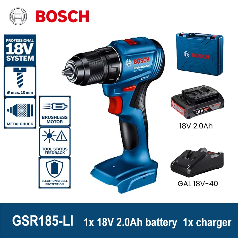 

Аккумуляторная дрель Bosch GSR 185-Li, профессиональная электрическая отвертка, 18 в, с бесщеточным Мотором, Аккумуляторная дрель, электроинструменты