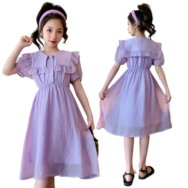 Girls Chiffon Dress Summer Kids Fashion Flip Collar Princess Beach Dresses 5 To 14 Year Light Purple Bilayer Children's Clothing