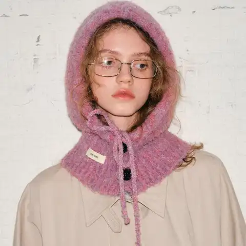 Rosepink Soft Woolen Head Ears Neck Knitted Hat Winter Fashion Hat Scarf One-piece Women Warm Protection Earmuff Hood Bib Cover