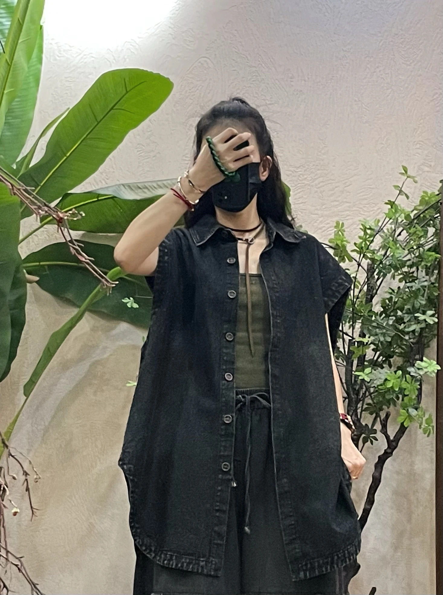 Gilet en jean rétro délavé pour femme, coupe ample mi-longue, bouton unique, col jaquet, vêtement d'extérieur, nouvelle collection automne