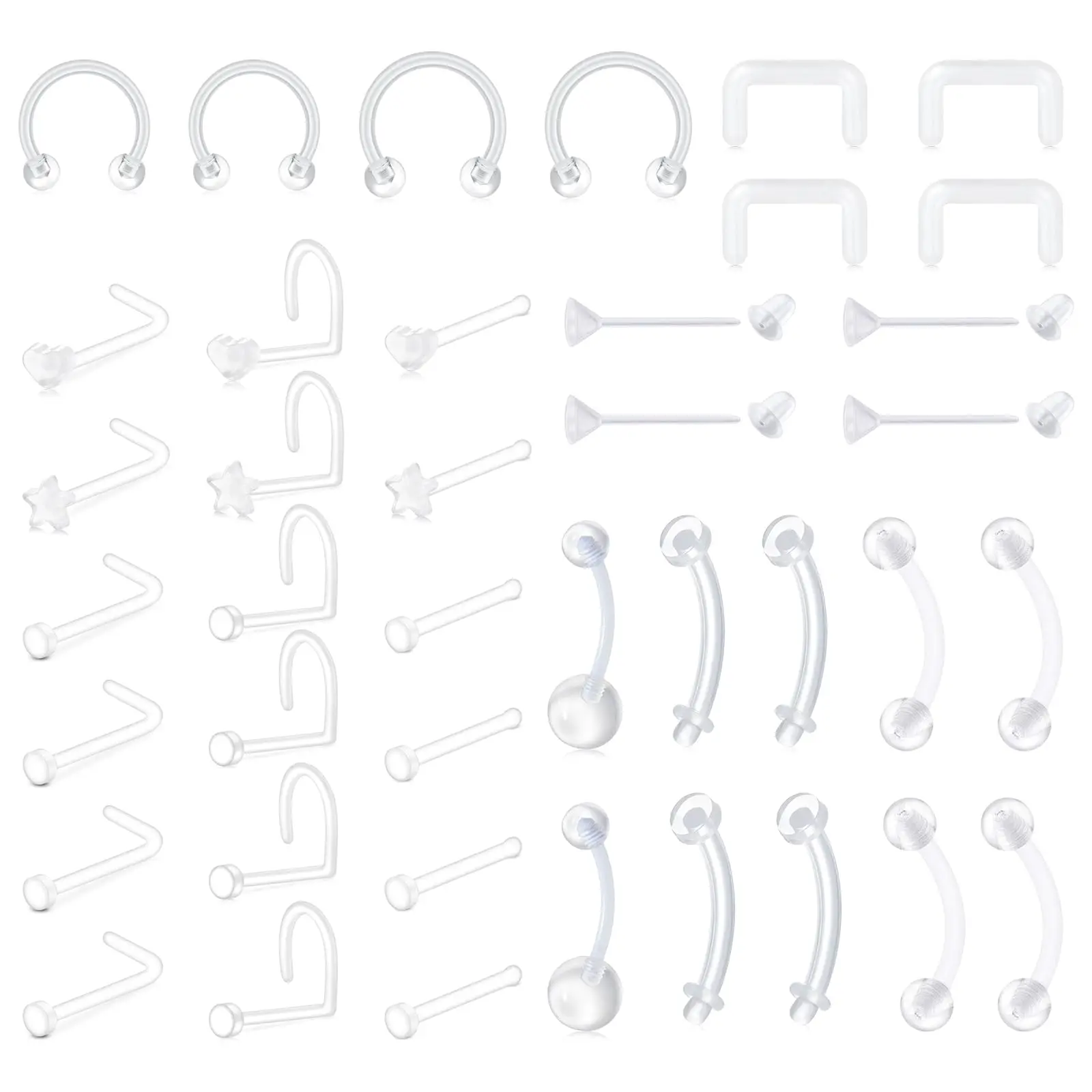 18G 20G Clear Acrylic Bioflex Bone Pin Nose Ring Stud Retainer Body Jewelry Piercing Top Flat 2mm for Women and Men 32/44PCS