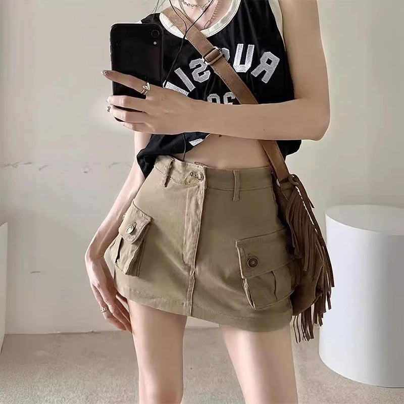 Khaki Workwear Skirt Women Summer Sexy Denim Slimming Retro Mini Skirt High Waist A- Line Short Skirts Anti-Light Walking