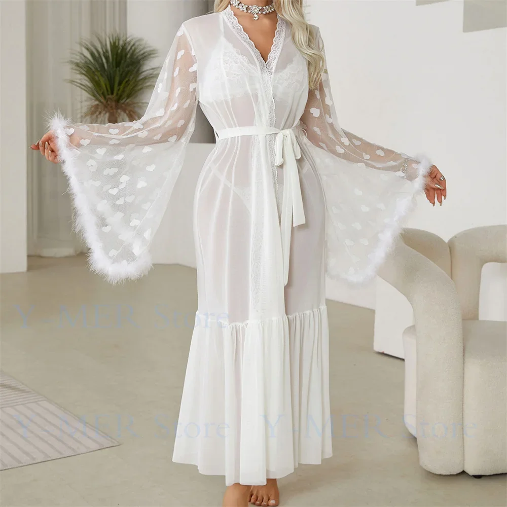 

Sexy Bride Wedding Dress Soft Mesh Lace Flower Robe Long Kimono Nightwear Loose Bathrobe Feather Trim Big Sleeve Nightgown