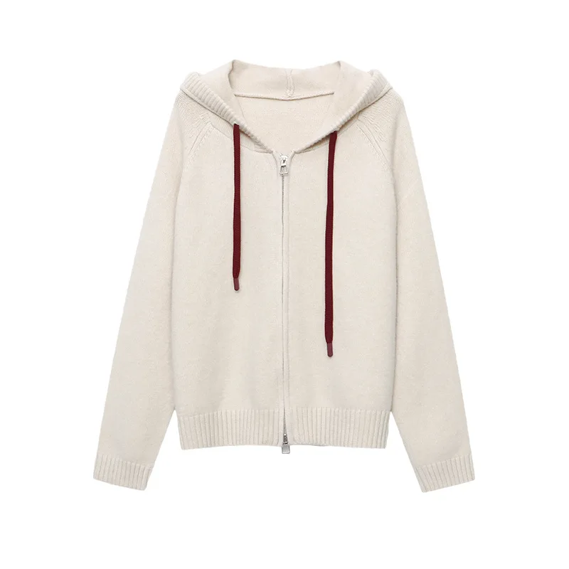

Women Knitted Cardigan Sweaters Solid Jumpers Hooded Long Sleeves Double Zipper Loose Fit Office Lady Casual Autumn Winter 2025
