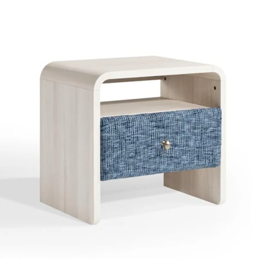 Dione Collection Curved Nightstand with Drawer and Open Shelf, Brushed Copper Handle, Organic Modern End Table for Bedroom, Liv