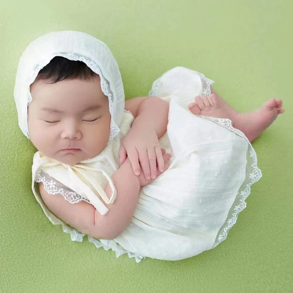 Baby Dresses for Newborn Photography Accessories Lace Newborn Girl Dress Hat Headscarf Set Cotton Baby Photoshoot Outfit