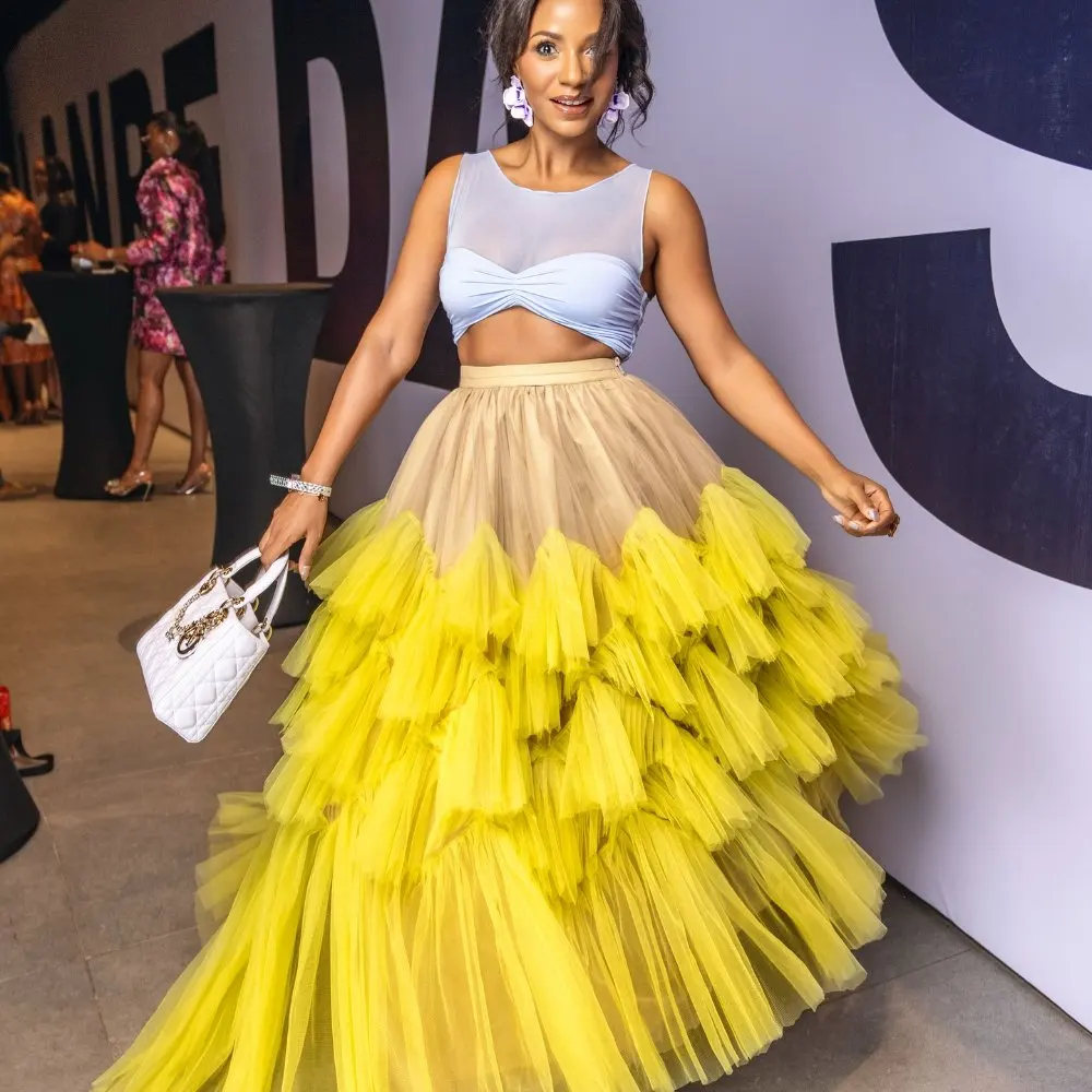 

Горячая женская многослойная тюлевая юбка с высокой талией, длинная бальная юбка с рюшами, желтое, бежевое, вечернее, выпускное, свадебное платье, мода 2026