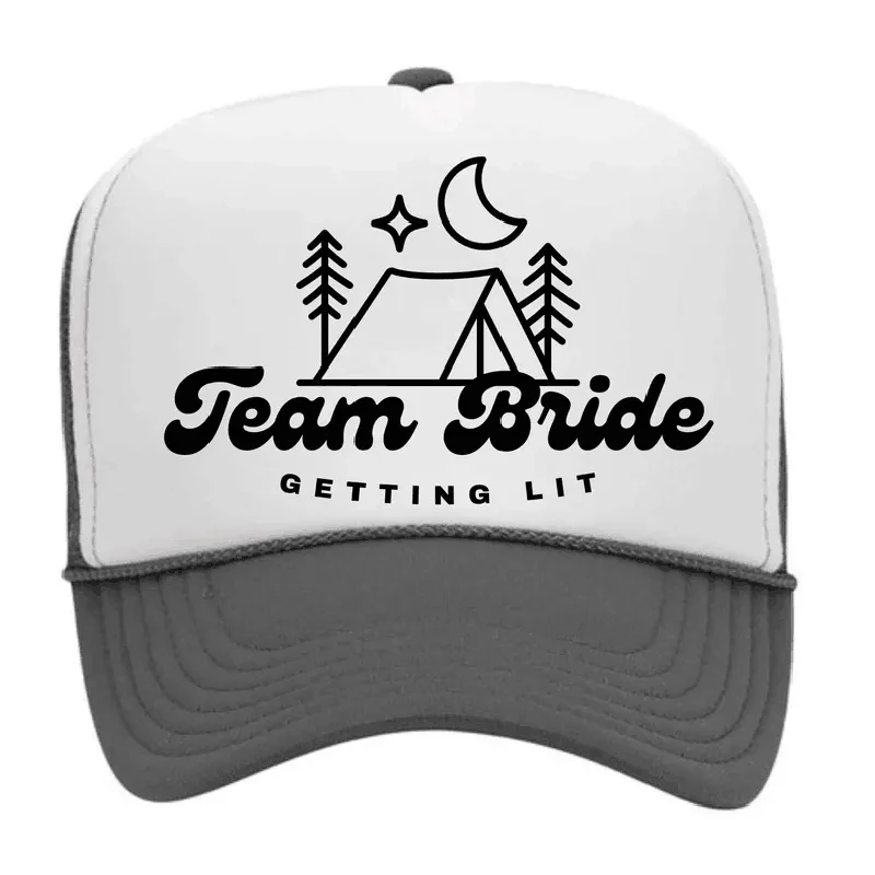 Getting Hitched Lit Camp Trucker Hat Camping Cabin Bachelorette hen party bridal shower wedding girls trip bride bridesmaid gift