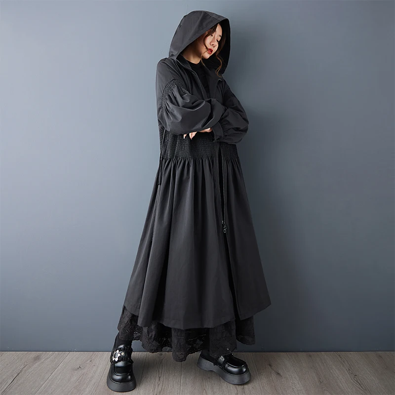 Autumn 2025 Double Layered Hooded Coat Loose Fit Waist Cinched Slimming Medium Length Outerwear Versatile Dark Style Windbreaker