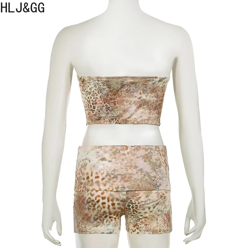 HLJ&GG Fashion Irregular Animal Print Corset Two Piece Sets Women Off Shoulder Crop Top And Shorts Outfits Sexy 2pcs Streetwear